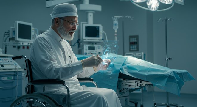 A seasoned surgeon in a wheelchair uses advanced holographic technology to plan a complex operation in a modern operating room.