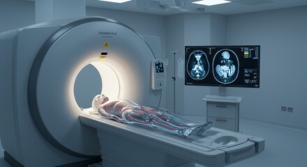Futuristic medical scanner with a transparent patient undergoing a scan, showcasing internal anatomy and advanced technology in a sterile, modern