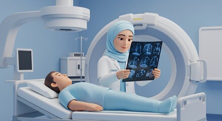 Compassionate doctor reviews medical scans with a patient in a modern hospital setting.
