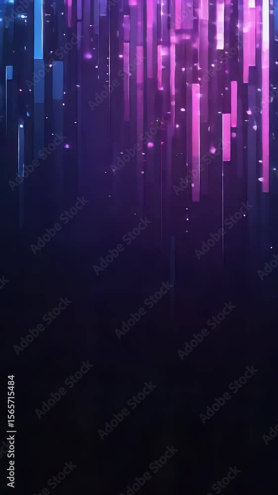 Poster abstract vertical lines in shades of blue and pink descending against a dark background with sparkli