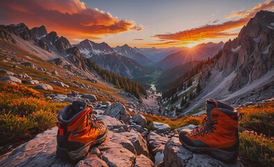Two orange hiking boots are on a rocky mountain top, looking out over a valley. The sun is setting, casting a warm glow over the landscape. Concept of adventure and exploration, as well as the beauty