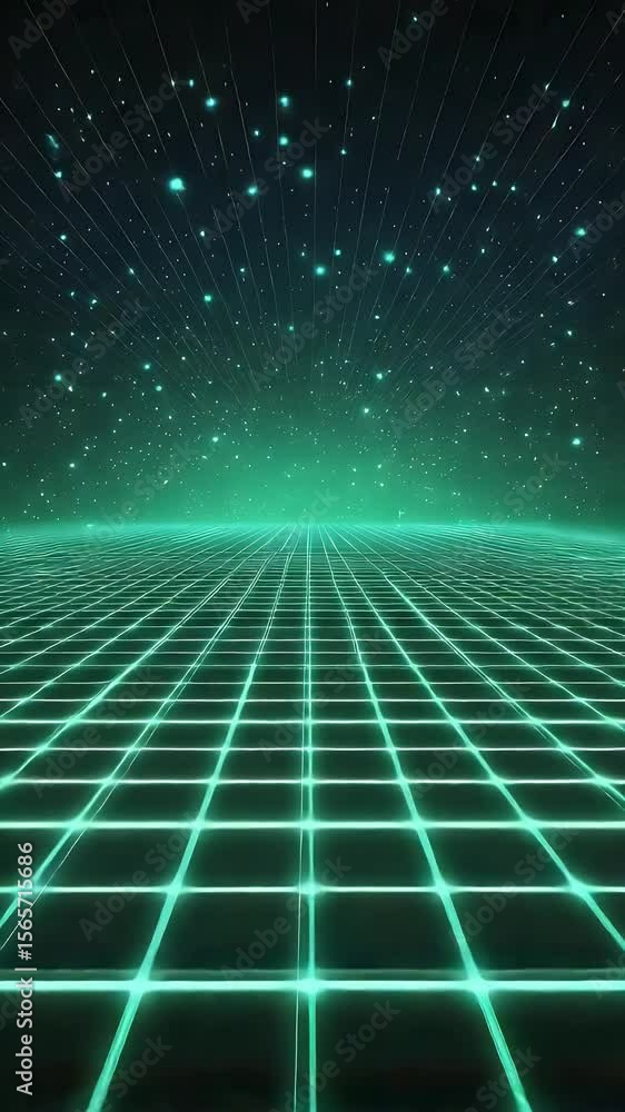Poster digital abstract of a grid with glowing lines and dots in teal and dark blue representing data and c