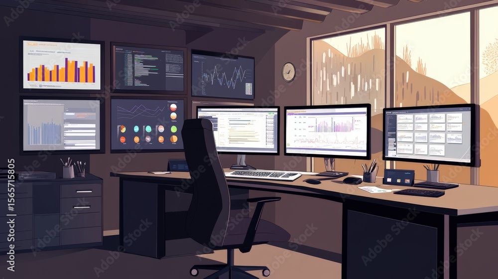 Poster modern workstation with multiple monitors and data displays.