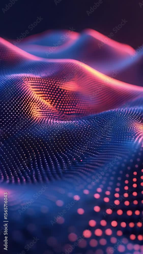 Poster abstract digital landscape with flowing curves of light dots displaying gradient colors of orange pi