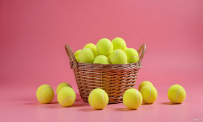 Tennis balls in wicker basket on pink background