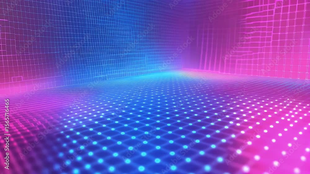 Poster abstract digital landscape in vibrant blue and pink hues. futuristic grid pattern with glowing dots 