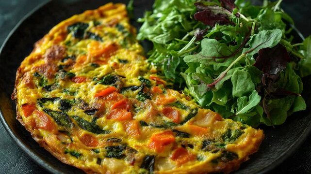 A wholesome and colorful meal consisting of a vegetable omelette filled with broccoli, red pepper, and spinach, served next to a mixed green salad.