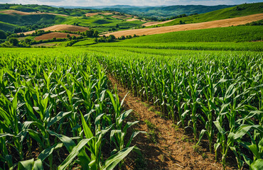 Fototapeta premium Corn crops covering sloped terrain beneath cloudy but vibrant sunny sky