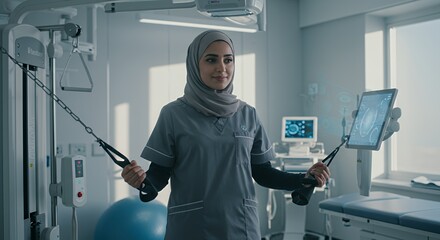 Confident healthcare professional in hijab performs physiotherapy exercises using modern medical equipment in a bright, clean facility.