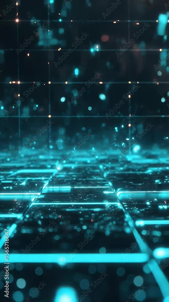 Poster abstract digital landscape with glowing blue grid lines and particles creating futuristic data visua