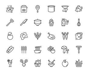 A comprehensive set of 30 line-style cooking and kitchen icons, perfect for food blogs, restaurant websites, cooking apps, and culinary-related projects. 48x48 pixel perfect editable stroke