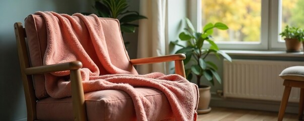 Luxurious Wool Throw Draped on Wooden Armchair in Cozy Living Room, Natural Light Streaming In