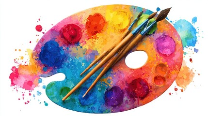 Colorful artist's palette with paint and brushes (1)