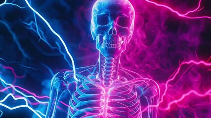 Skeleton illuminated by vibrant colors in a dynamic visual display showcasing the blend of art and science - Powered by Adobe