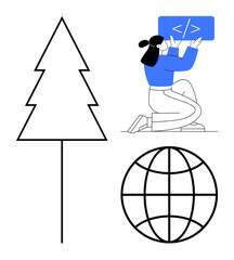 Pine tree, person holding a coding interface, globe outline representing technology, nature, global unity. Ideal for sustainability, coding, development, environment education innovation simple