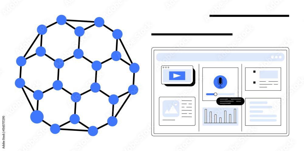 Poster connected blue node and line structure alongside digital dashboard with graphs, notifications, and m