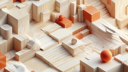 Abstract Wooden Geometric Composition: A 3D Render of Interlocking Beige and Orange Shapes