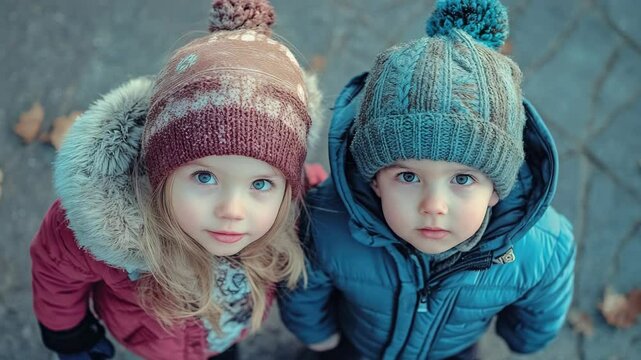 Two young siblings posing together in winter attire, showcasing their matching outfits and hats.