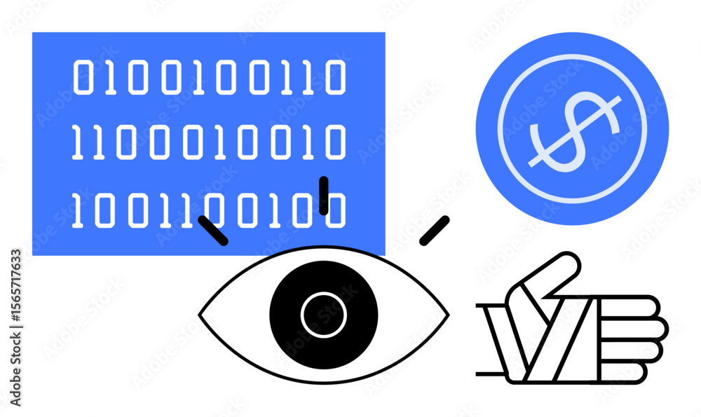 Poster binary code window, eye with focus lines, circular dollar sign, and gesture for approval. ideal for 