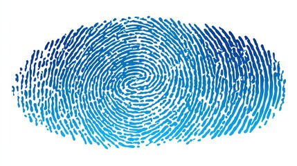 A detailed, stylized fingerprint image, showing the whorl pattern in shades of blue against a white background