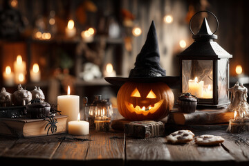 Festive Autumn Halloween Setting with Jack-o'-lantern, Lantern, and Candlelight Atmosphere