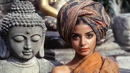 Woman in traditional headwear posing amidst a collection of buddha statues, showcasing cultural diversity and spiritual heritage.
