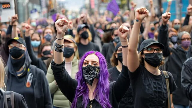 Crowd of protesters protesting on a city street