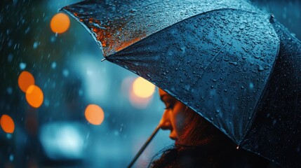 Rainy Night Solitude: A Woman Under an Umbrella in the City