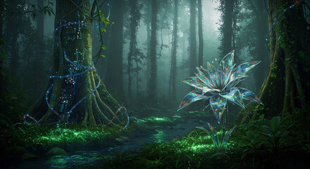 Fototapeta premium An Amazon rainforest where ancient trees have circuit-board bark streaked with pulsating light.