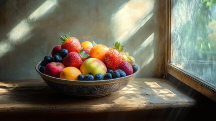 Sunlit Still Life: A Bowl of Fresh Fruit by a Window