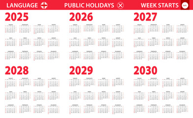 2025-2030 year calendar in Georgian language, week starts from Sunday.