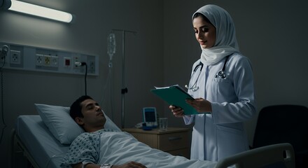 Compassionate female doctor in hijab makes late-night hospital rounds, reviewing patient's chart.
