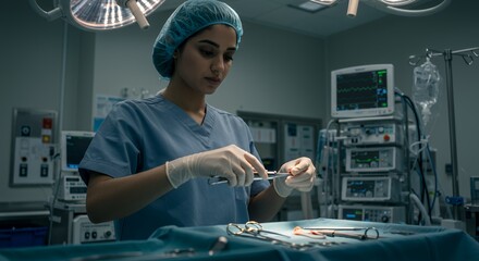 Focused surgeon meticulously prepares surgical instruments in a dimly lit operating room, showcasing dedication and precision.
