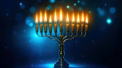 Festive Jewish holiday candelabra with a golden finish and lit candles against a deep blue background with star effects.