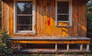 Wooden house with a porch and two windows. The porch is empty and the house is painted in bright colors