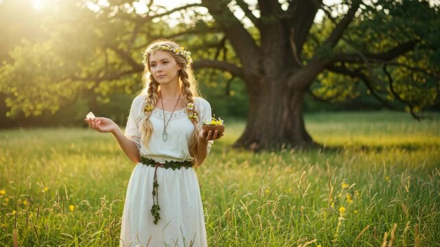 Woman in white dress and flower crown performing pagan ritual with objects in a summer field at golden hour footage.