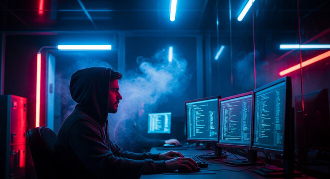 IT Support Focused coder working late night in neon-lit server room