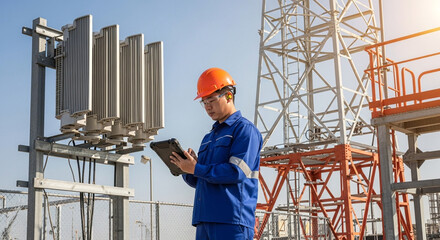 Technician working on telecommunication equipment outdoors