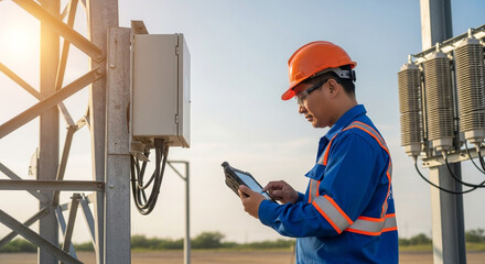 IT Support Technician Using Tablet on Telecommunications Tower During Maintenance