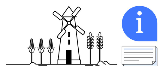 Windmill surrounded by corn and wheat plants, blue information icon, and document graphic. Ideal for agriculture, sustainability, heritage, renewable energy, education, eco-tourism simple flat
