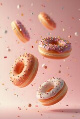 Pink donut splash on a beautiful light gradient background. sound and sweet background visuals.	