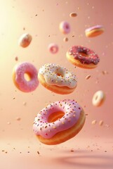 Pink donut splash on a beautiful light gradient background. sound and sweet background visuals.	