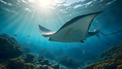 Fototapeta premium Manta ray gliding elegantly through the ocean depths with large wings outstretched, surrounded by deep blue water in a peaceful and surreal underwater scene