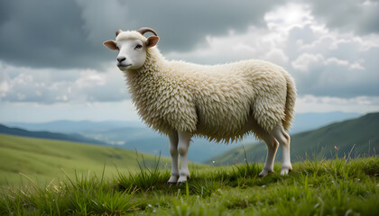 Sheep standing quietly on a grassy hillside under open sky, with gentle light casting shadows across the natural landscape in a peaceful rural scene
