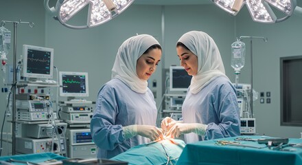 Two skilled female surgeons, wearing headscarves, collaborate intently during a delicate surgical procedure in a modern operating room.