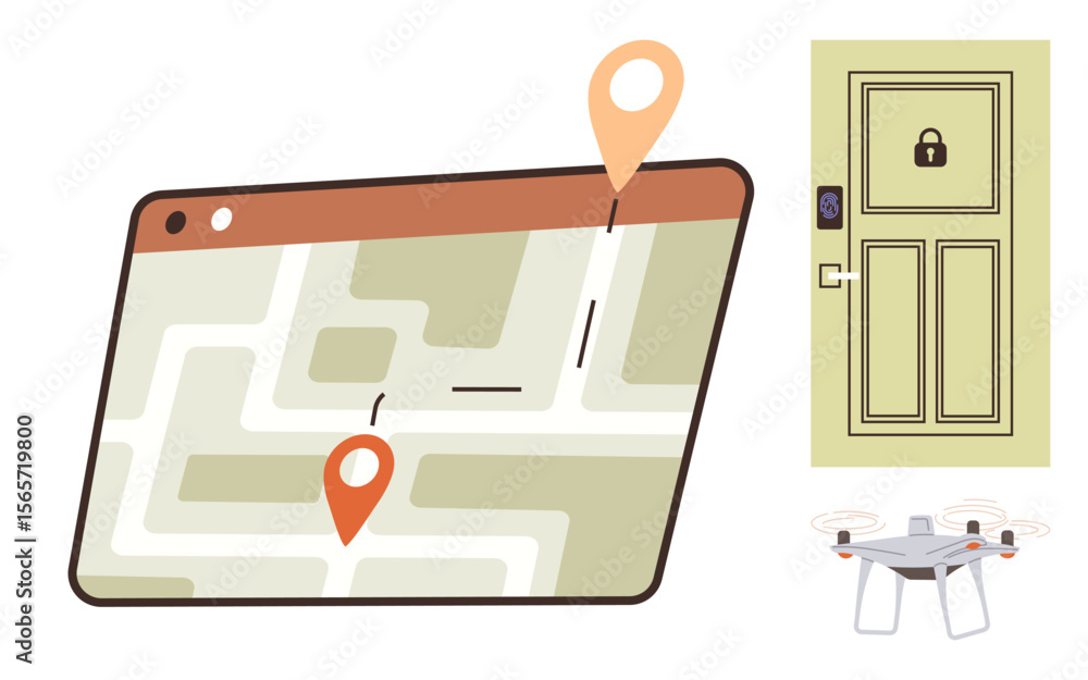 Poster digital map with route and location markers, drone hovering nearby, and a smart door with keypad loc