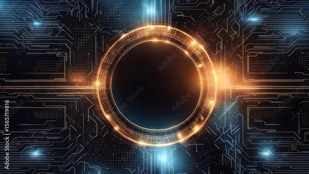 Poster abstract digital network with glowing circular ring element and circuit board pattern backdrop featu
