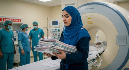 A young woman in a hijab carries a stack of medical files, thoughtfully navigating a busy hospital hallway.