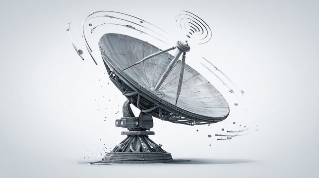 A large, grey satellite dish, seemingly made of clay or stone, rests on a complex base against a light grey background.  Swirling lines suggest signal reception