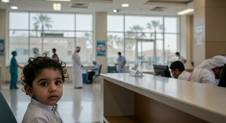 A young child sits patiently in a bustling hospital waiting area, his gaze directly at the camera, conveying a sense of quiet contemplation amidst